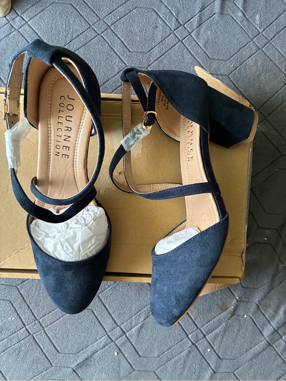 Journee Collection Women’s Foster Navy Suede Ankle Strap Block Heels - Picture 3 of 10